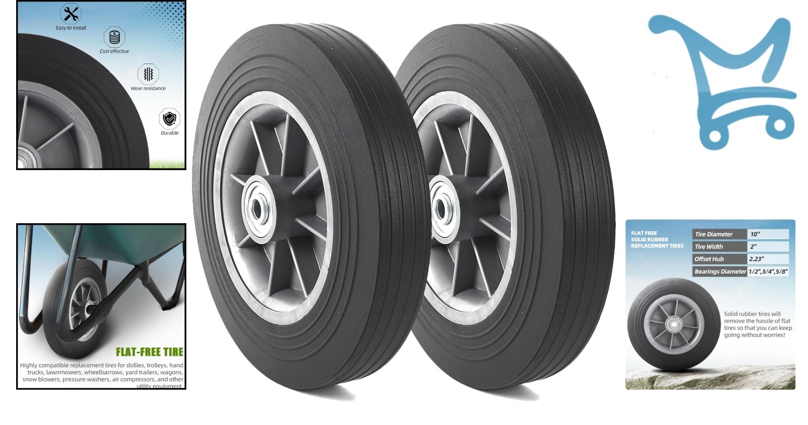 2-Pack 10×2 Flat Free Solid Rubber Tires for Dolly Hand Trucks Wheelbarrows