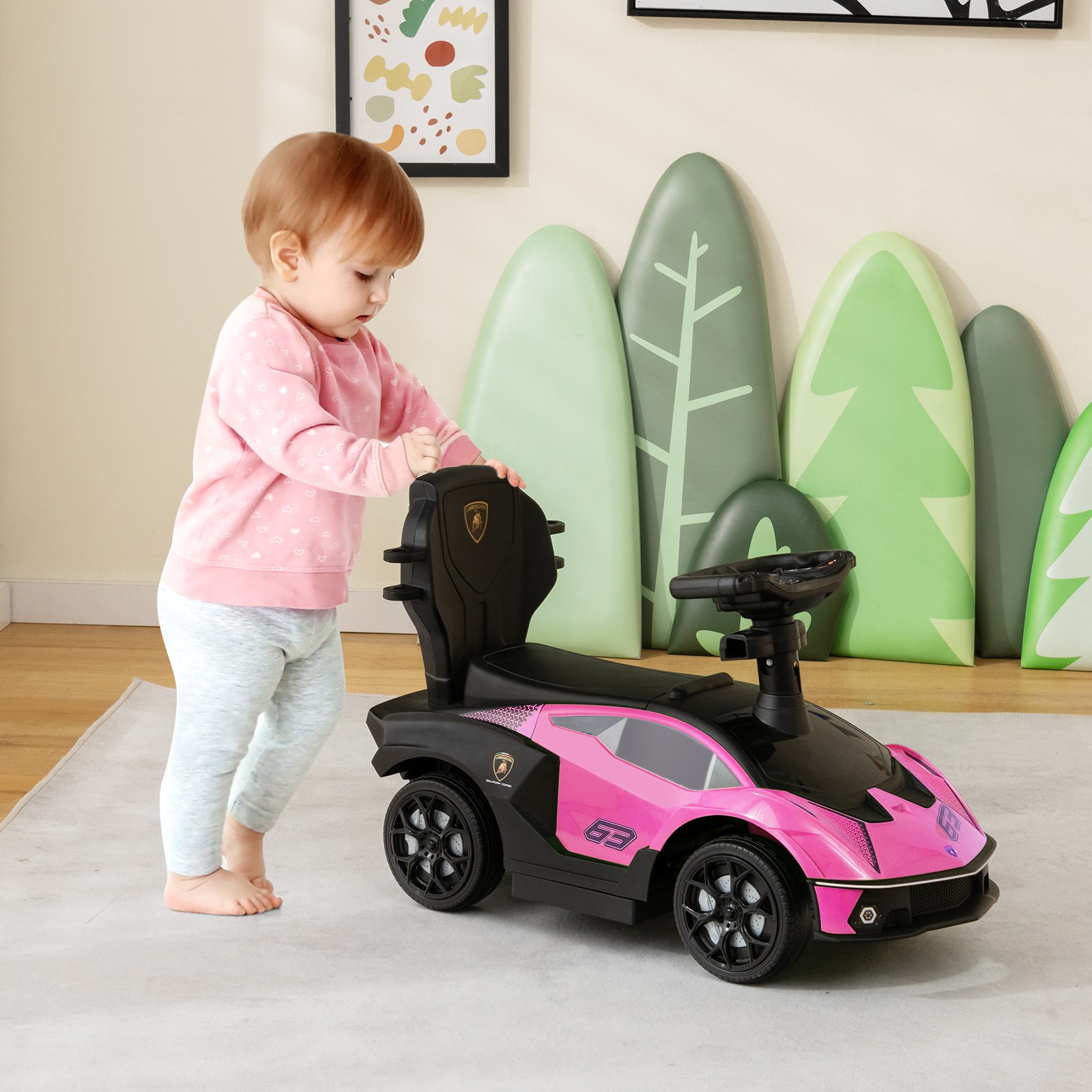 3-in-1 Licensed Lamborghini Ride on Push Car Stroller Sliding Car w/ Sound Pink