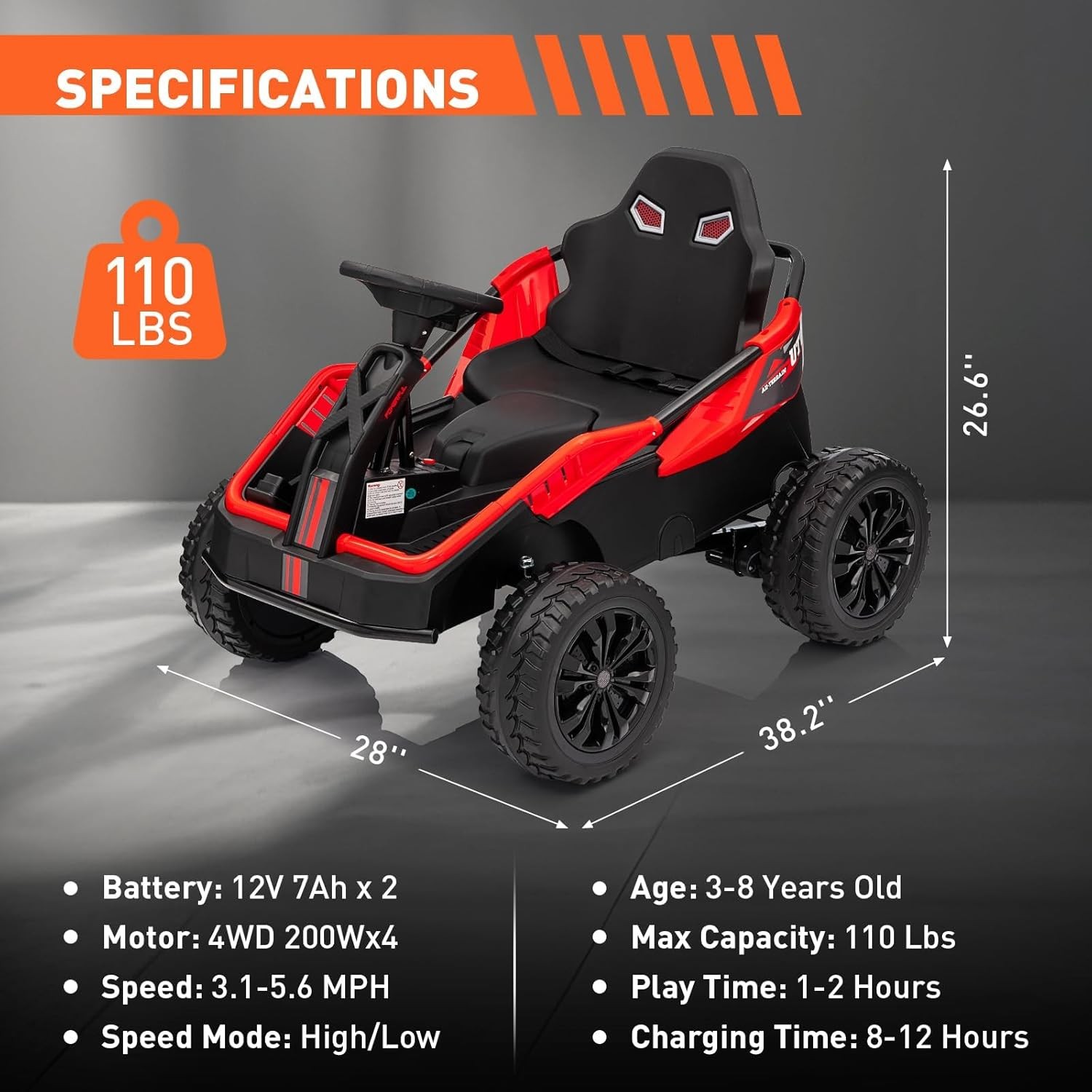 24V Kids 4×4 Ride On ATV, 200W Electric Car with Wide 16in Seat, shocks & Music