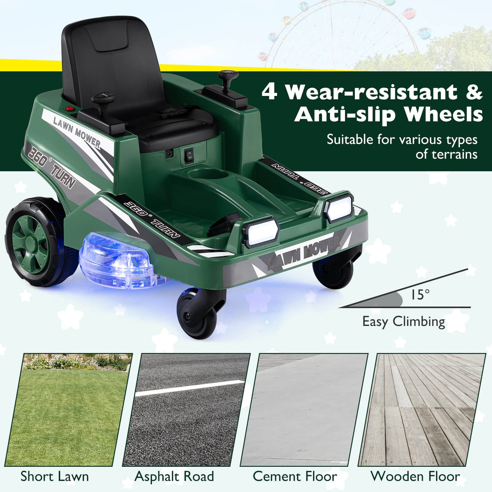 12V Ride on Lawn Mower w/Dual Control Sticks LED Lights Twist Turn for Aged 3-8