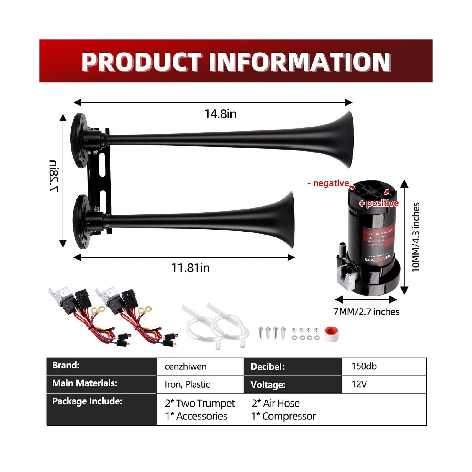 Dual 2-Trumpet Metal Air Horn for truck Kit with 2 air Compressors,12V 150dB …