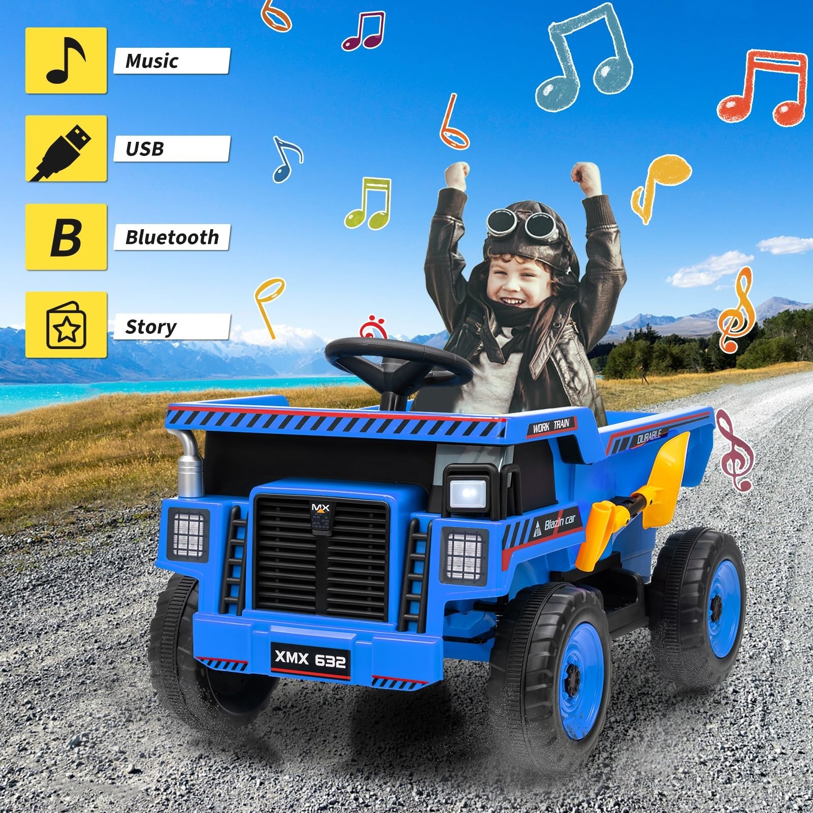 12V Electric Ride On Dump Truck For Kid Ride On Toy With Shovel LED Lights Music