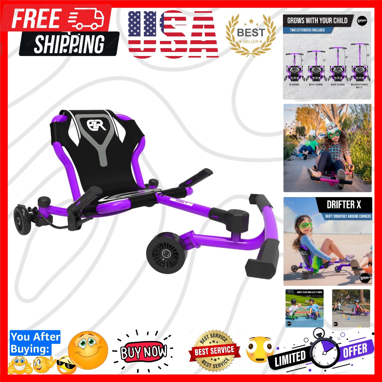 Drifter X Ride On Toy for Kids, Ages 4-12, Up to 154 lbs – Purple