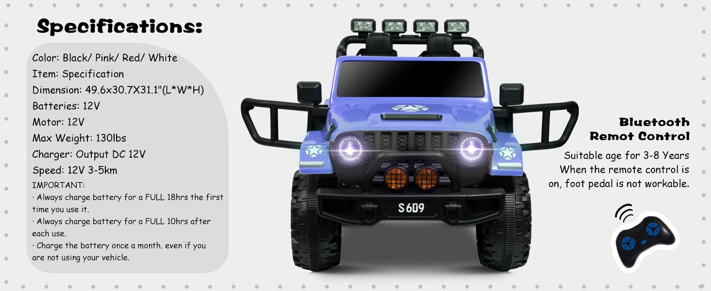 ZEOPHOL Ride On Truck Jeep 12V Electric Kids Toys Car 2 Seat 3 Speed Remote Blue