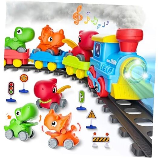 Train Set for Toddlers with Steam, Music, Lights and 3 Cars | Electric Dinosaur