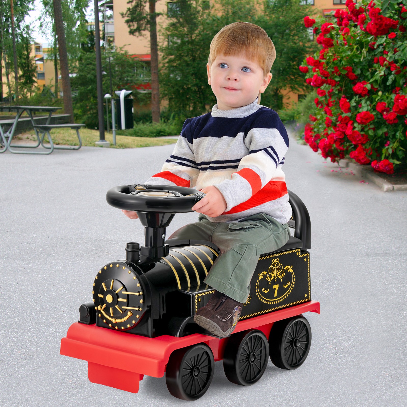 6V Electric Kids Ride On Train w/ 16 Curved Tracks & 6 Stable Wheels Black