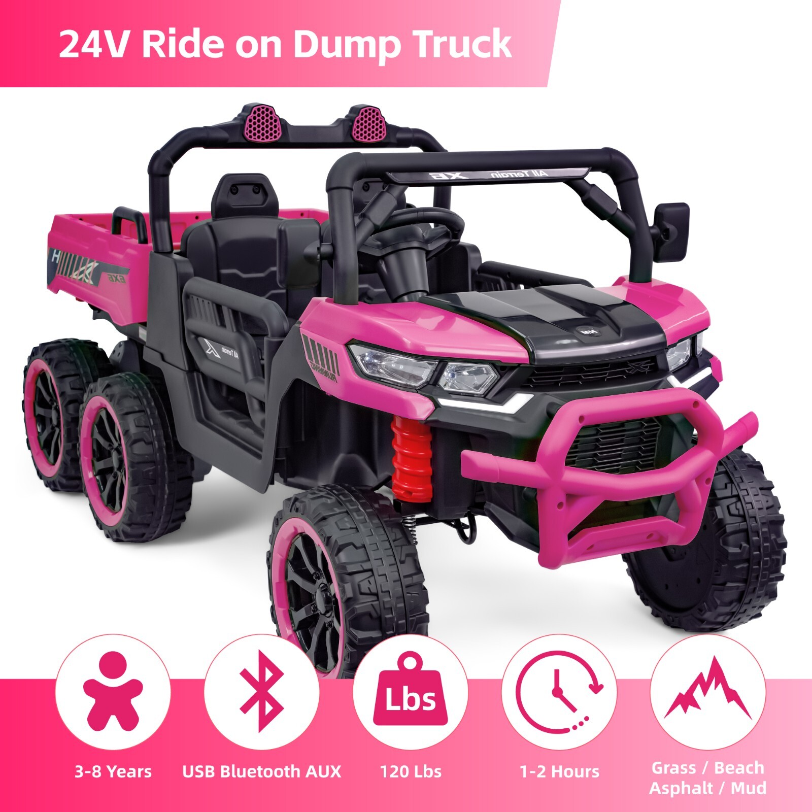 Pink 24V Kids Electric Car Battery Dump Bed Truck 7mph Ride on Toy w/Remote MP3