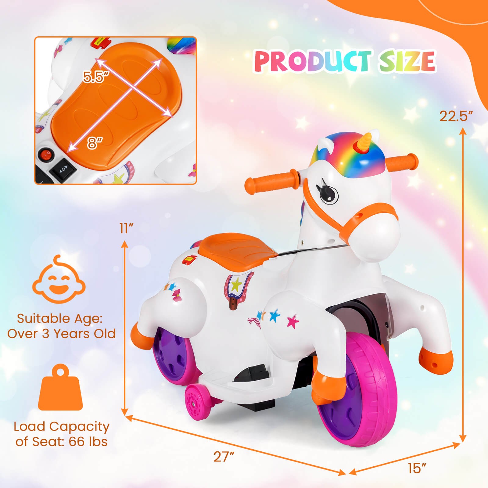 12V Kids Ride on Unicorn Toy w/ Training Wheels Music One-button Start Horse Toy