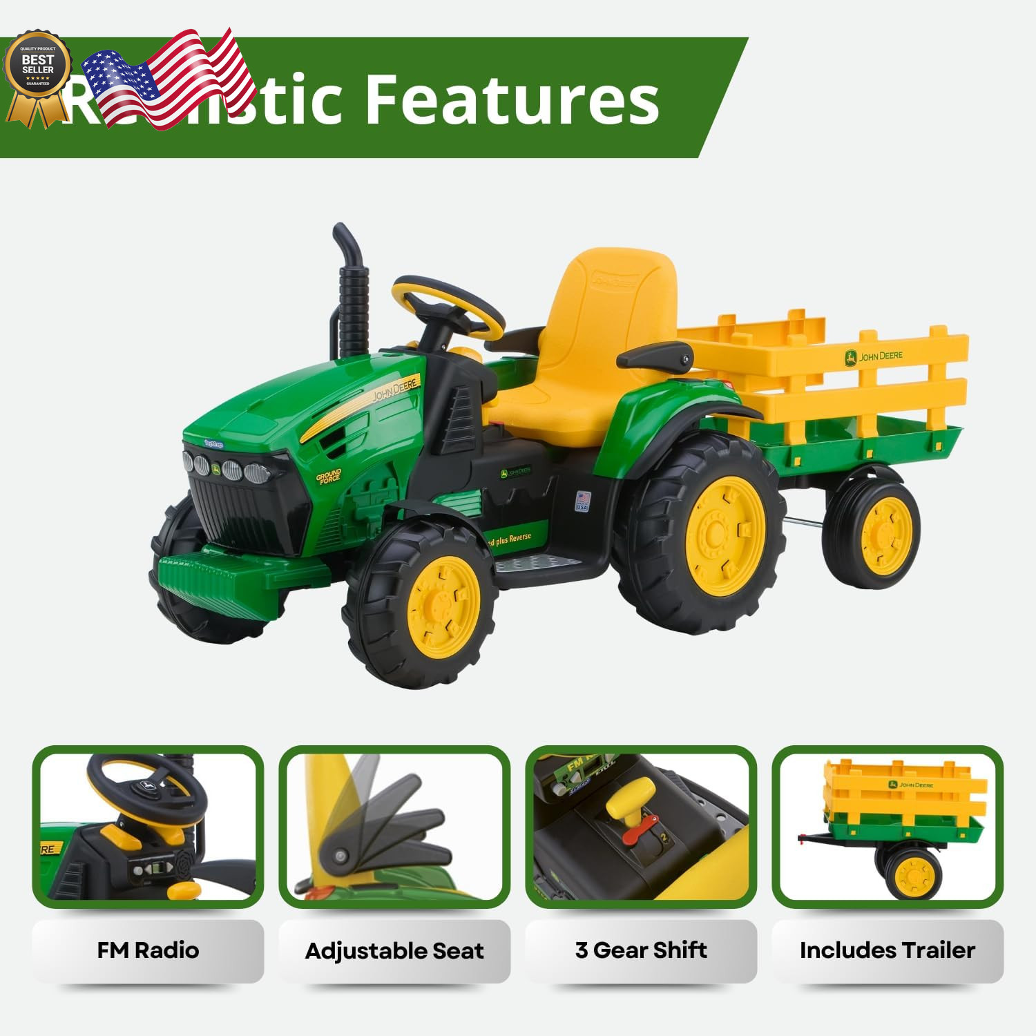 Peg Perego John Deere12 Volt Multi-Speed Ride on Ground Force Tractor & Trailer