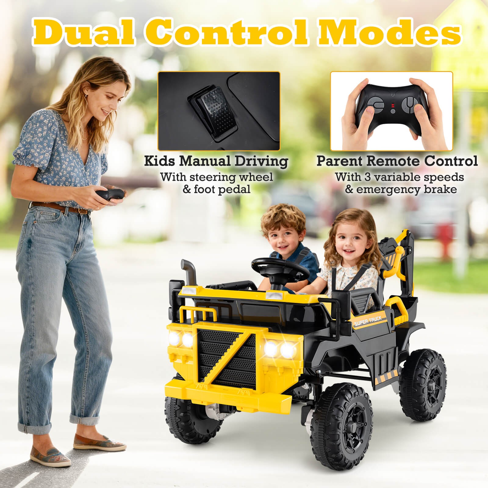 24V Ride On Excavator, 4WD Electric Truck Construction Vehicle w/Remote Control