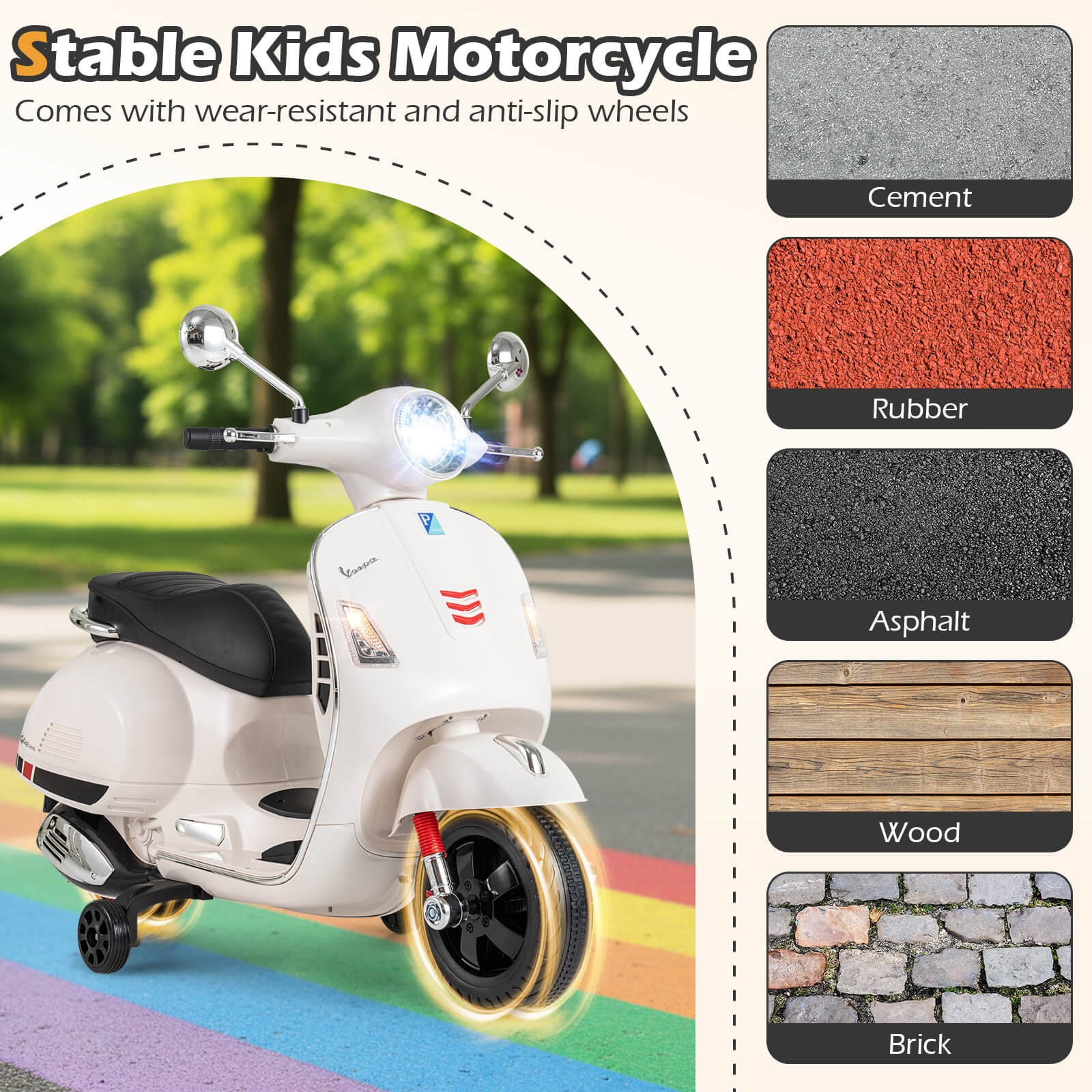 Licensed VESPA 12V Kids Electric Motorcycle w/Music Horn Story Training Wheels