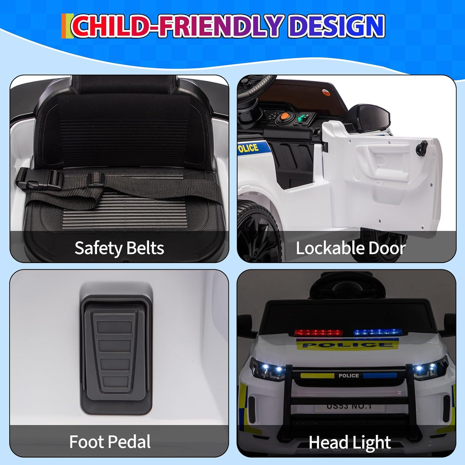 Electric Cars for Kids, 12V Police Car Ride on Toy W/Remote Control, Speaker, Wa