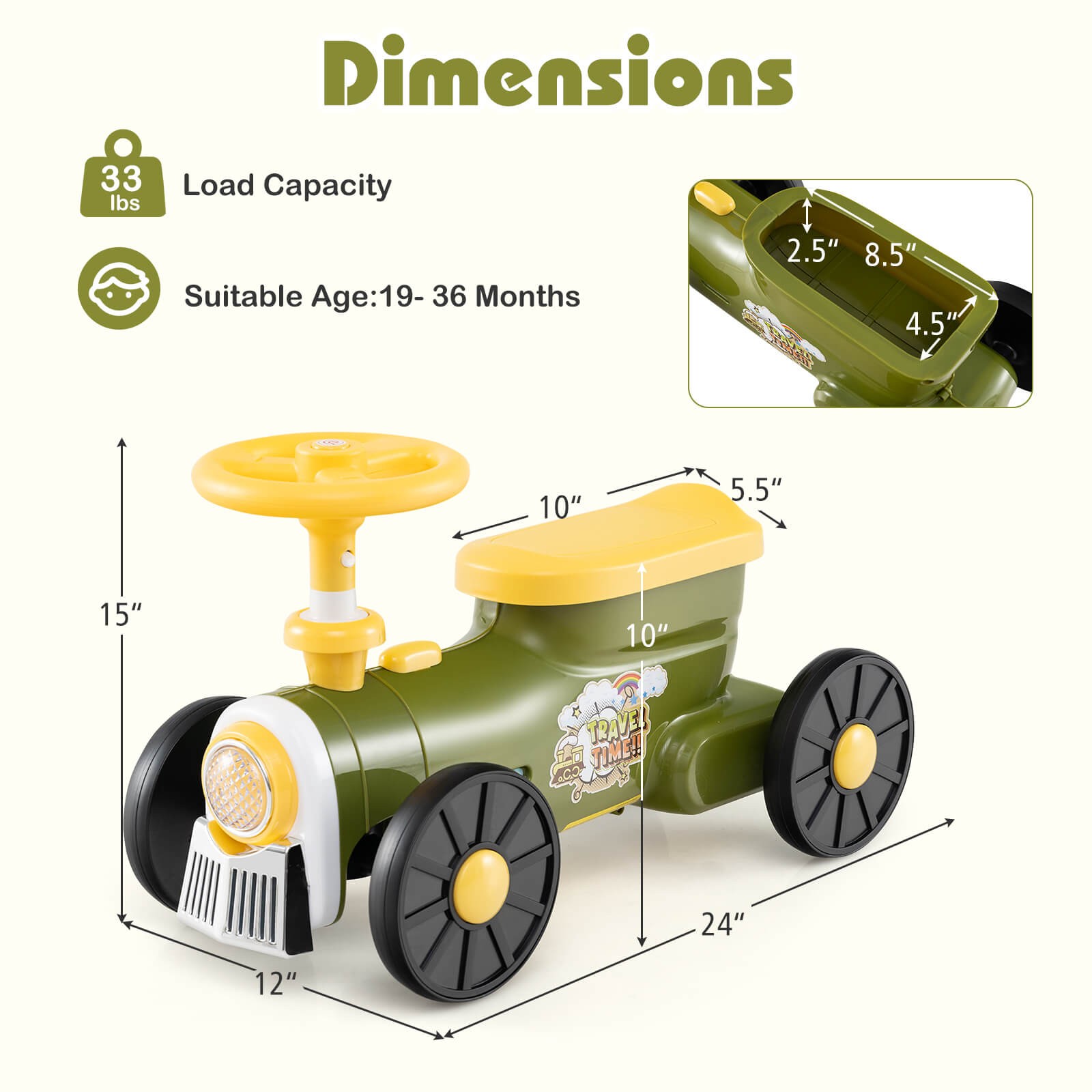 Ride on Push Car w/ Storage Compartment & Train Whistle Sound Button