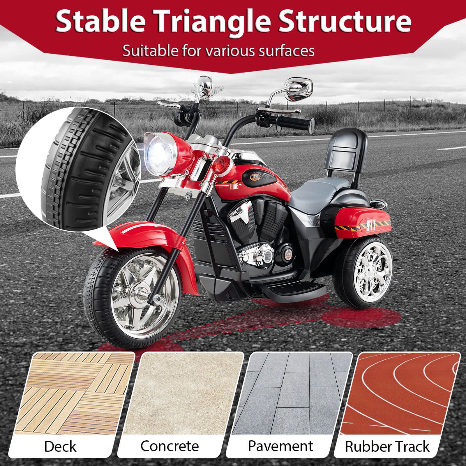6V Kids Ride On Chopper Motorcycle 3 Wheel Trike with Headlight and Horn