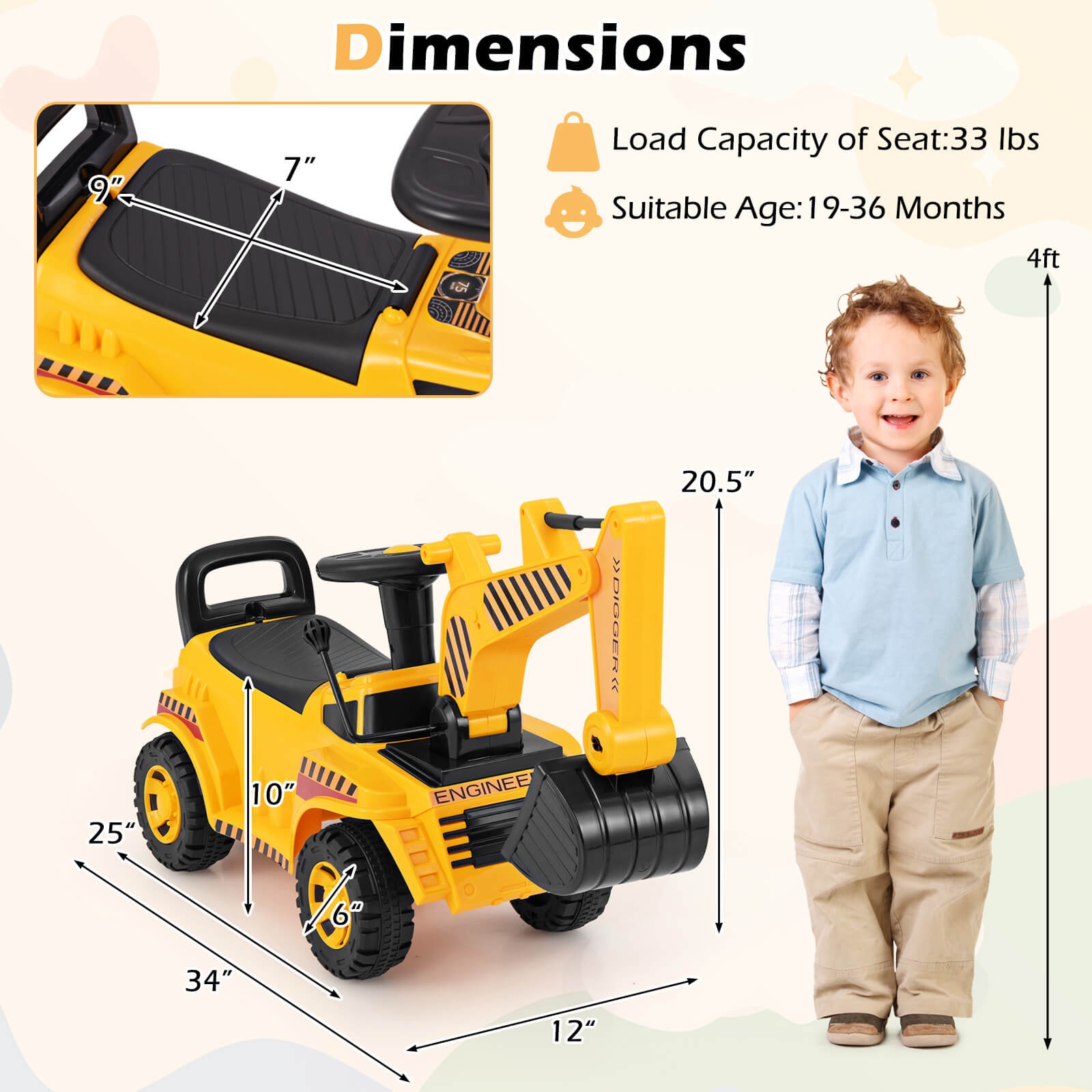 Kids Ride on Excavator w/ Adjustable Shovel Anti-Tipping Block Engine Sound