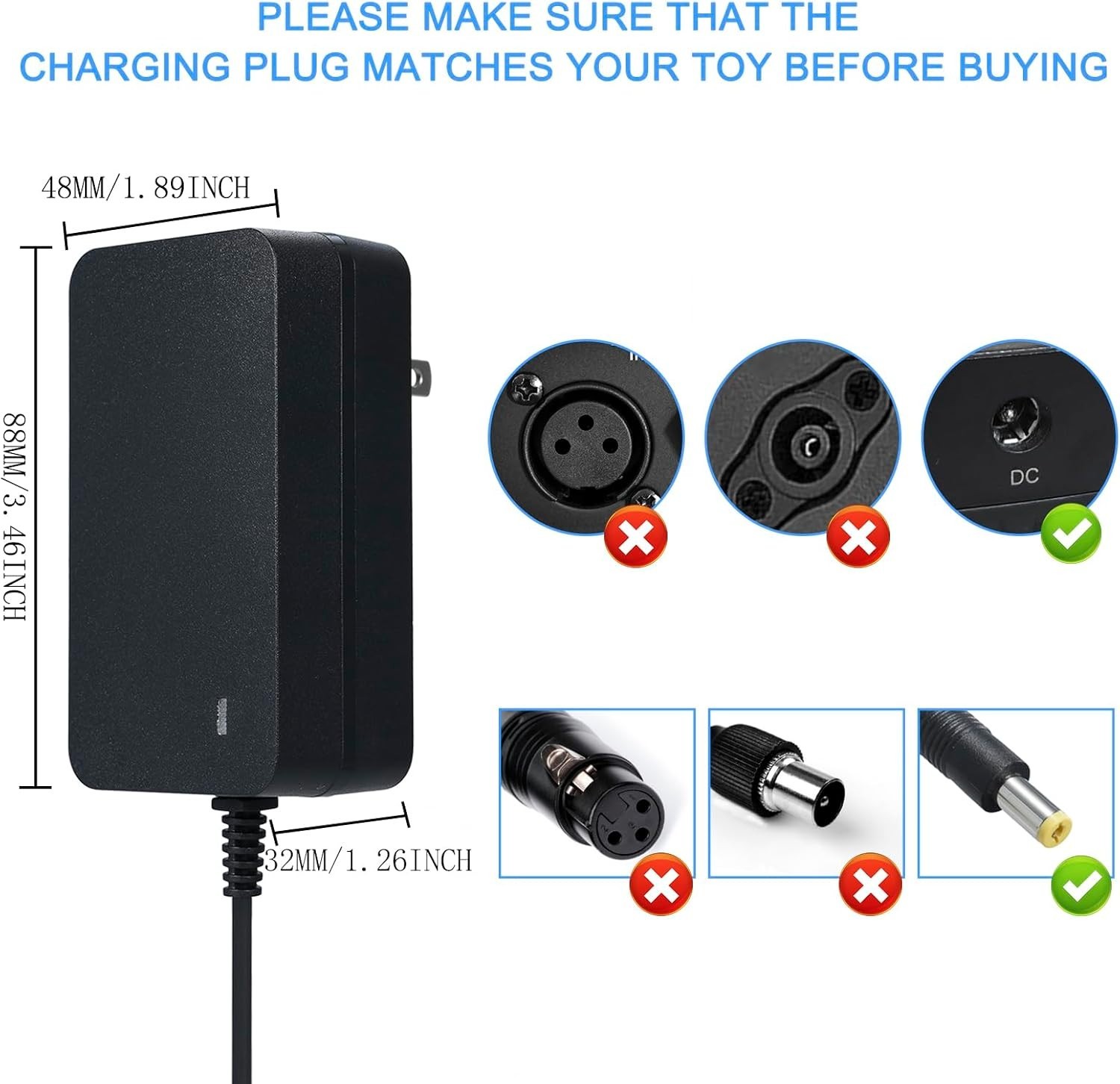 24V Battery Charger for Kids Ride On Car Toys, 24 Volt Power Adapter Black