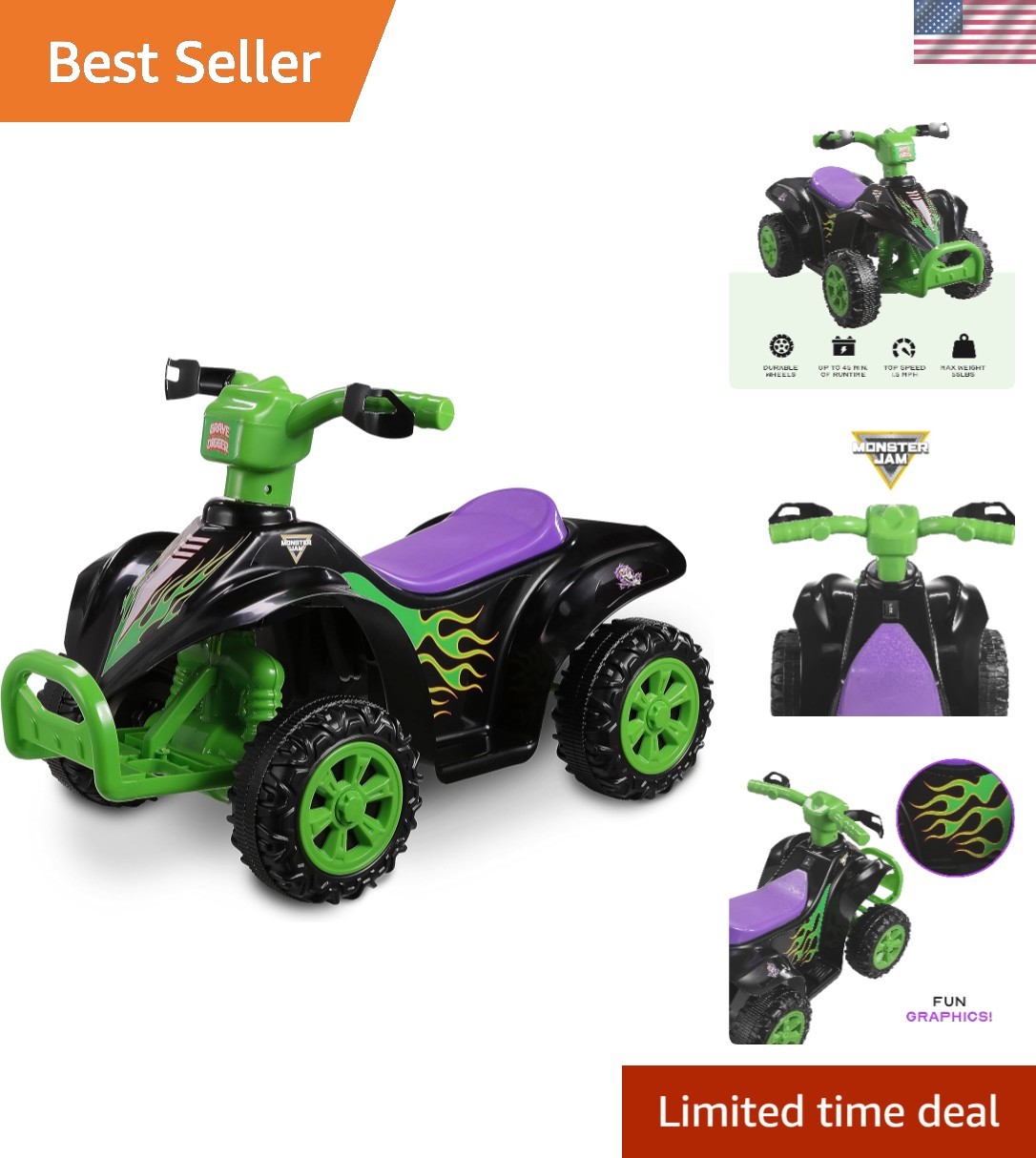 Monster Jam 6V ATV Quad for Kids – Powerful and Safe Ride-On Toy with Recharg…