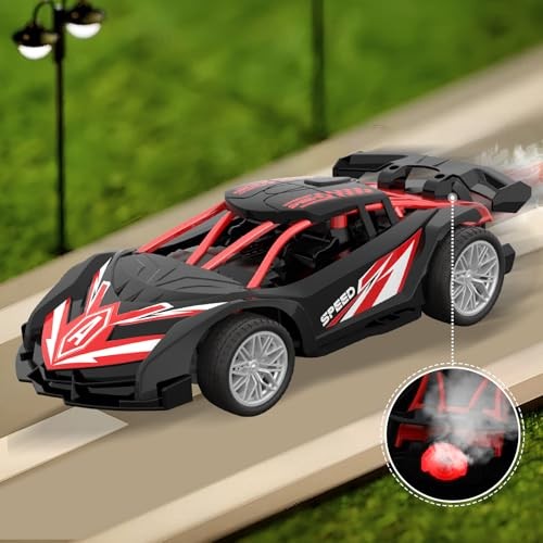1/18 RC Car for Kids with Rechargeable Battery, LED Lights & Spray – Remote