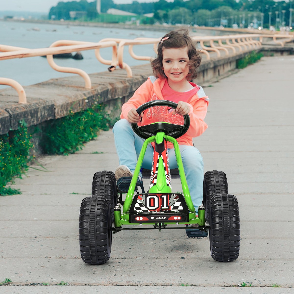Kids Pedal Go Kart 4 Wheel Ride On Toys w/ Adjustable Seat & Handbrake Green