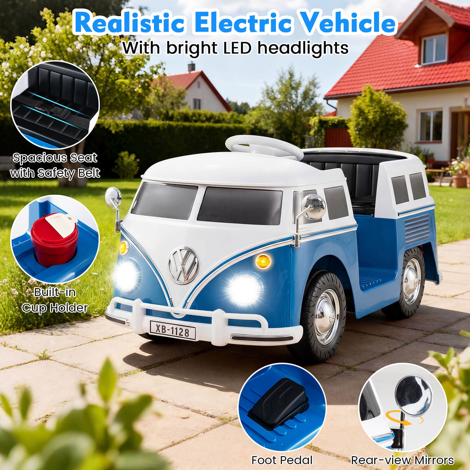 Licensed Volkswagen Ride-on Bus w/ Cup Holder, LED Headlights, Music & Horn
