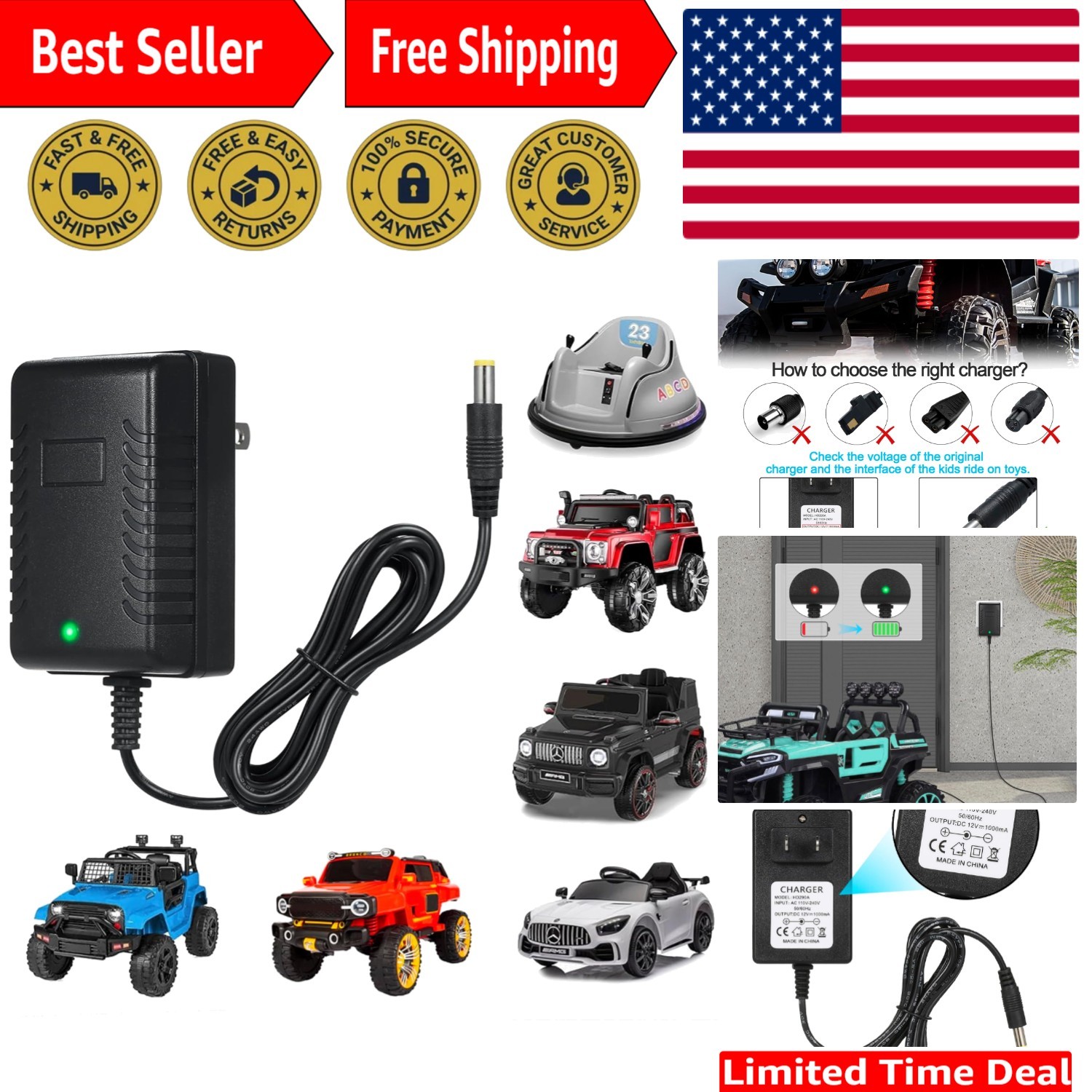 Universal 12V Battery Charger for Kids Ride-On Cars & Toys – Safe & Reliable