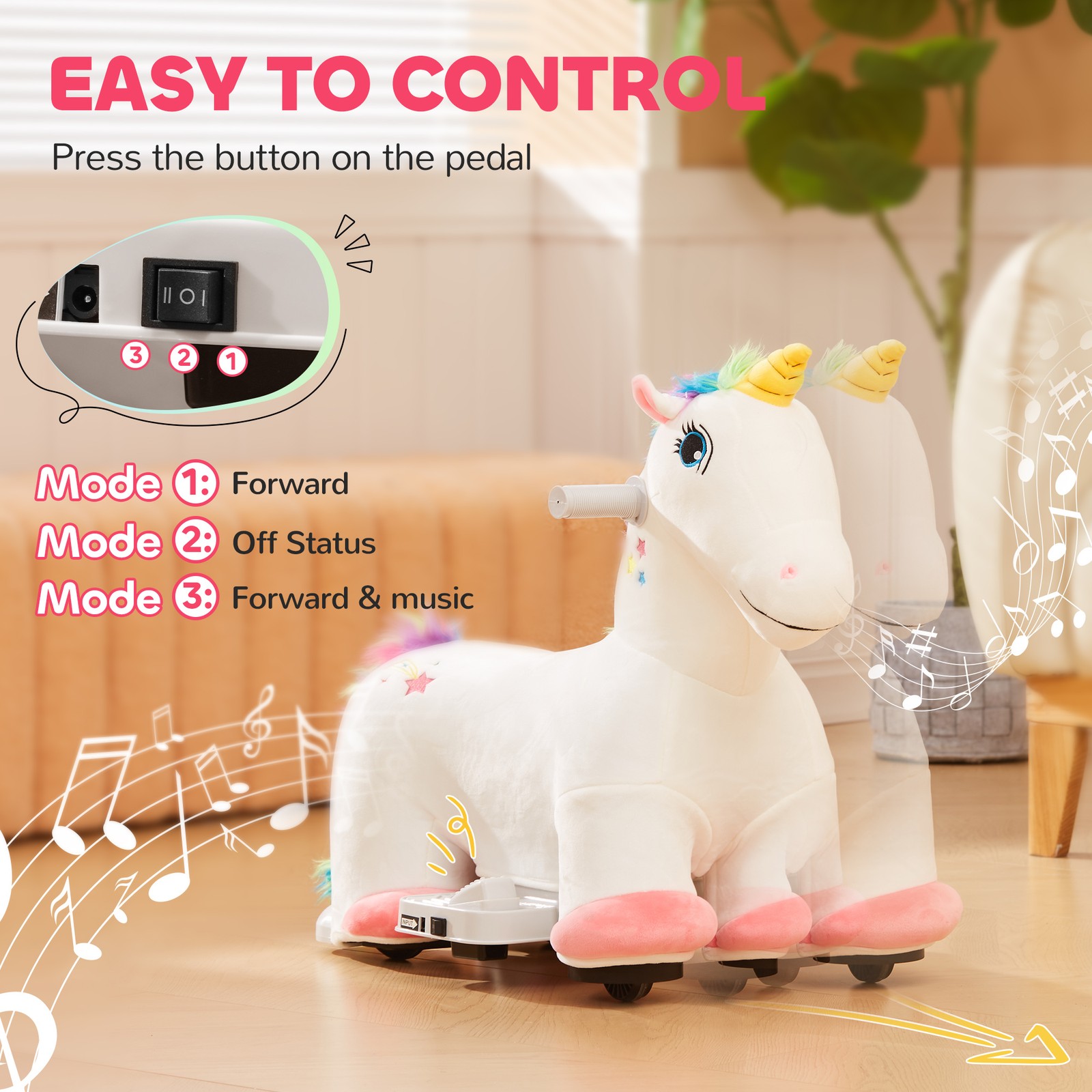 6V Kids Electric Ride on Unicorn w/ Music Forward, White