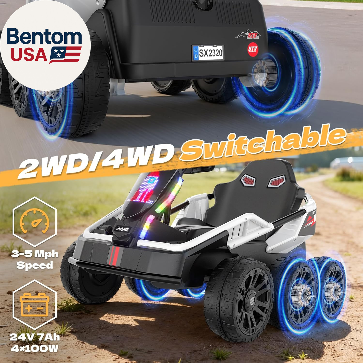 24V Ride on Toys for Big Kids 3-10, 4WD/2WD Switchable, No Height Limit, 17″ Wid