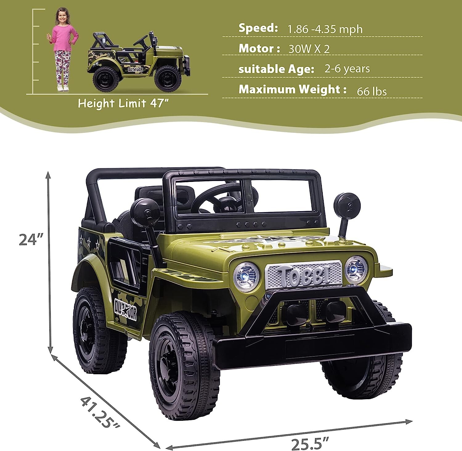 TOBBI 12V Off-Road Kids Ride On Car Truck, Battery Powered 4 Wheels Ride On Toys