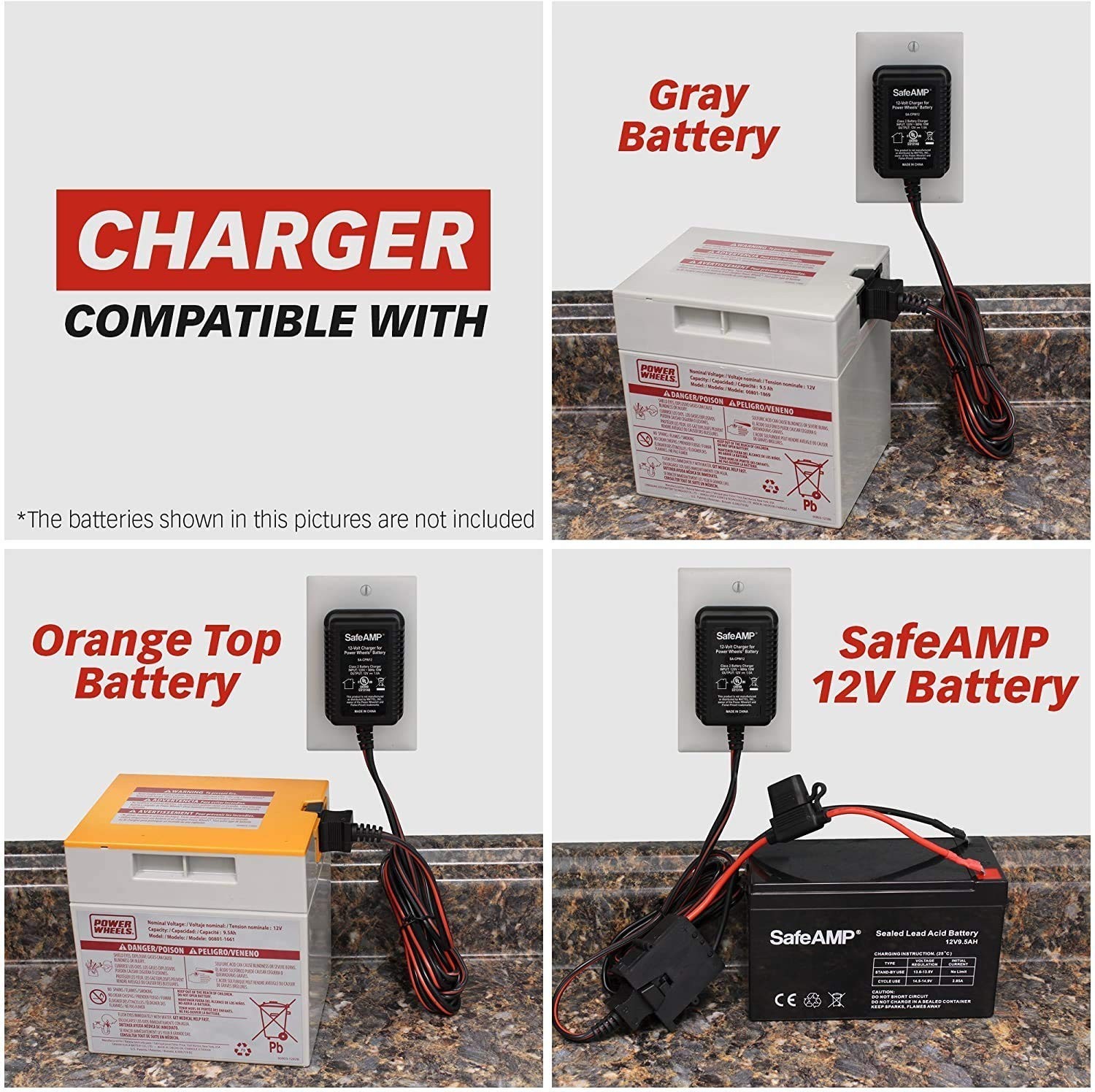 12V Charger for Power Wheels Gray & Orange Top Batteries – UL Listed, 1A SafeAmp