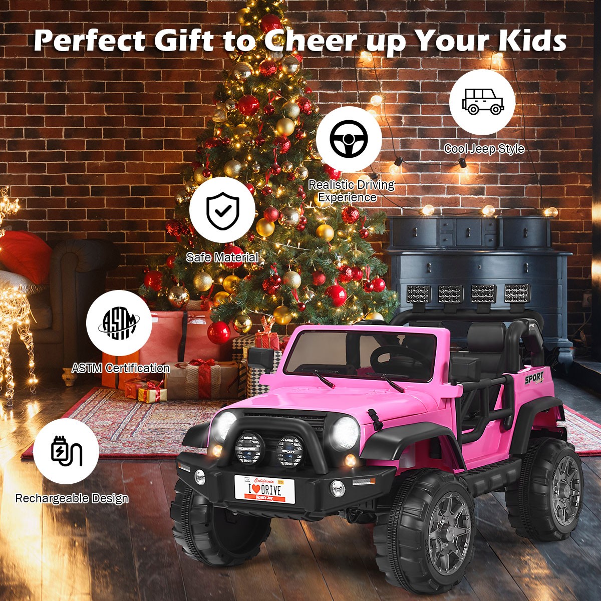 HoneyJoy 12V Kids Ride On Car 2 Seater Truck RC Electric Vehicle w/Storage Pink