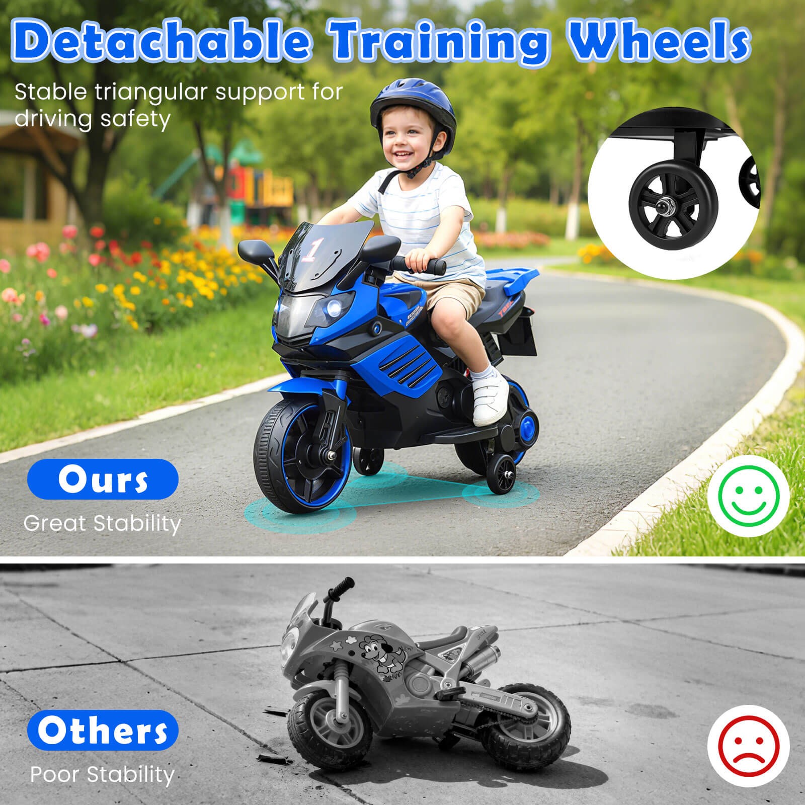 6V Kids Motorcycle w/Music, Horn, Detachable Training Wheels & LED Headlights