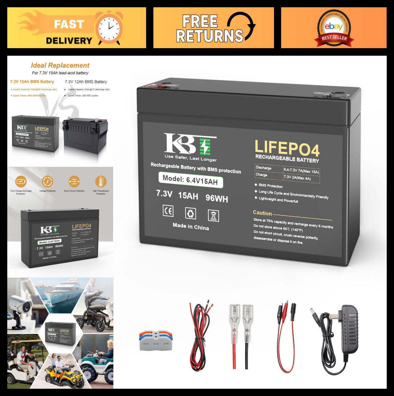 6V 15Ah LiFePO4 Lithium Battery Replacement with Charger for Ride-On Toys, DIY,