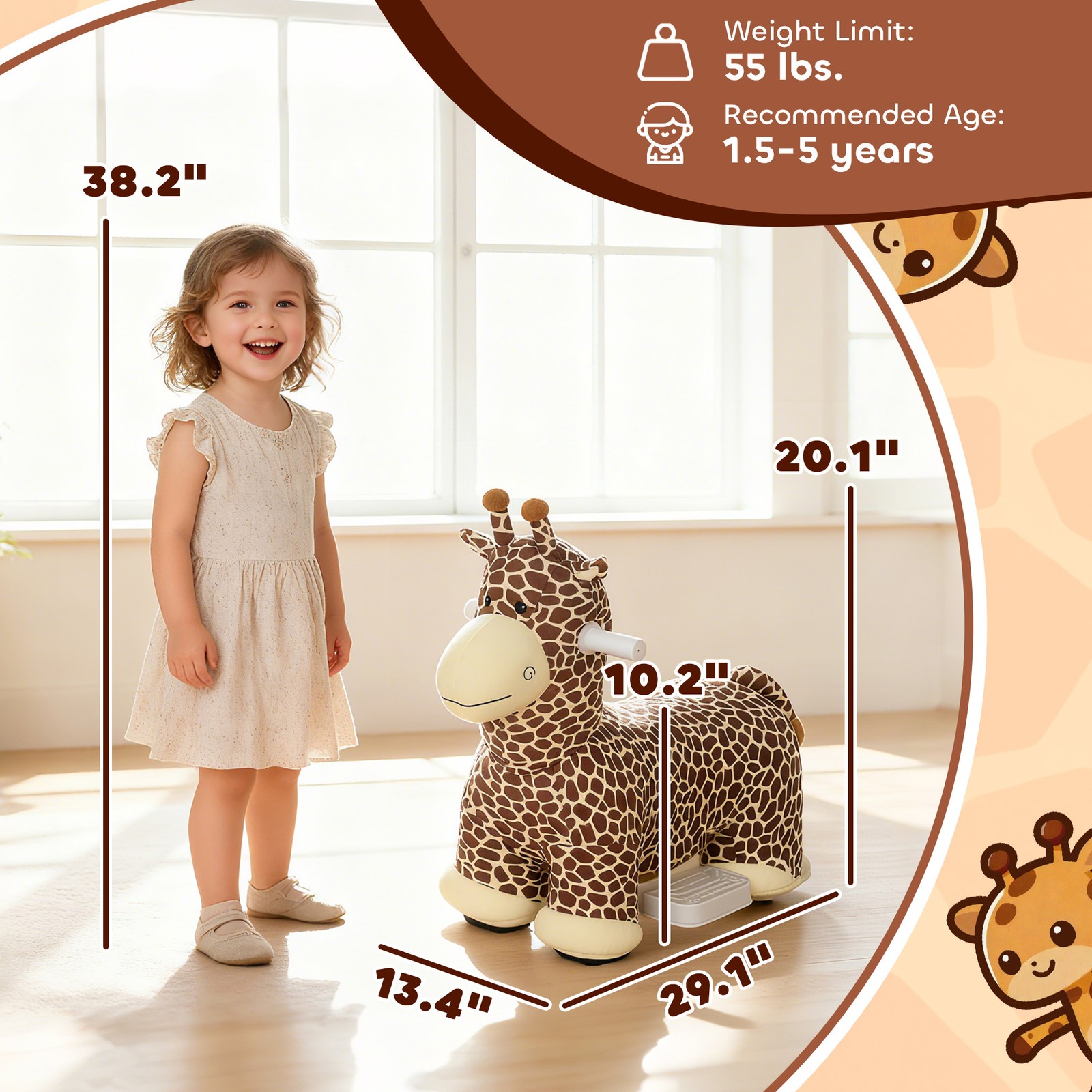Qaba 6V Kids Ride On Giraffe Battery Powered Toy Washable Plush Cover Brown