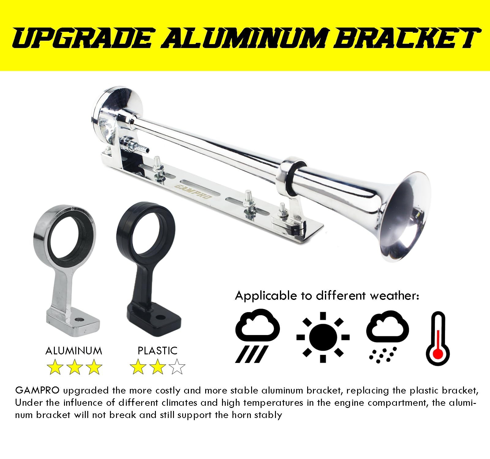 GAMPRO 12V 150DB Air Horn with Install Mounting Bracket Kit, 18 Inches Chrome…