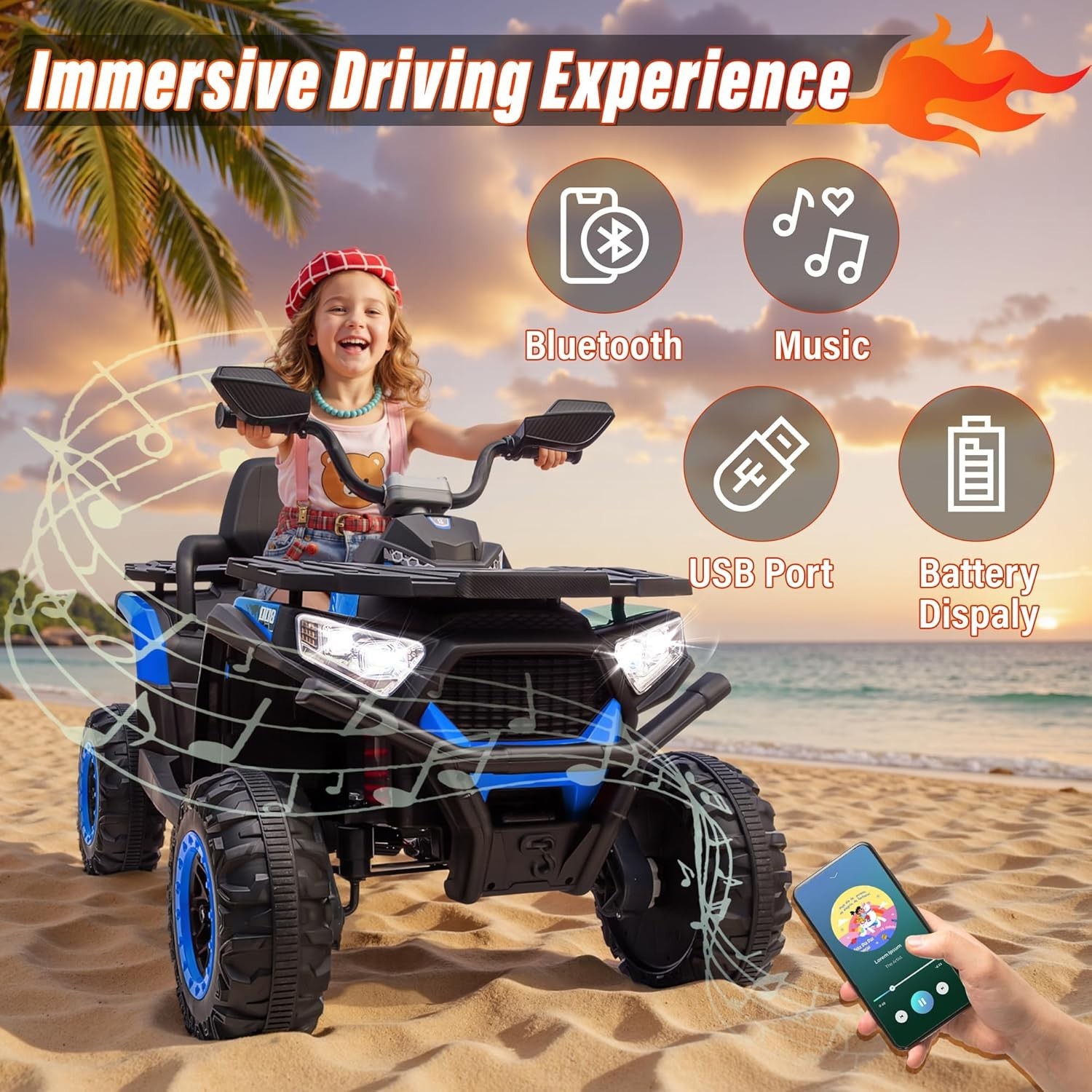 24V 4×4 Kids ATV 2-Seater 4x200W Bluetooth Ride On 4 Wheeler w/ Kneepads Black