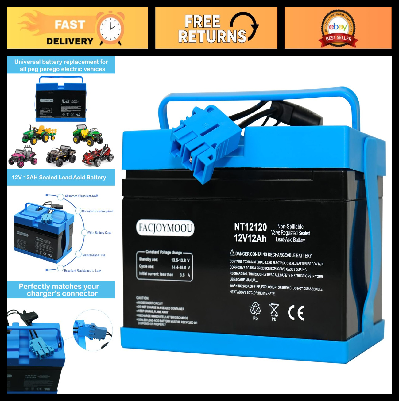 12V Replacement Battery for Peg Perego John Deere Gator, Gaucho, Ride-On Toys 12
