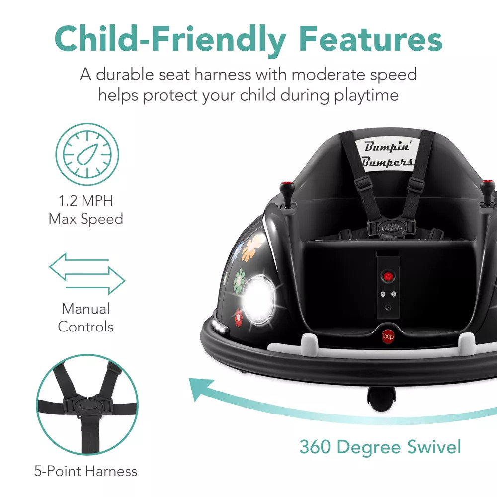 6V Kids Ride On Bumper Car Toy w/ Remote Control, Harness, Lights, 360*Spin, Blk