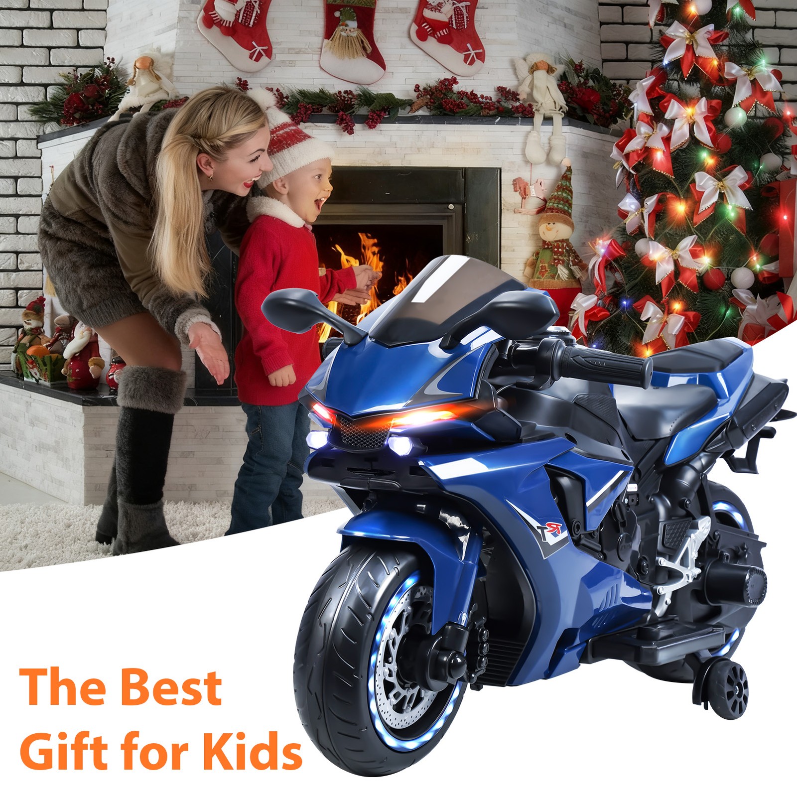 12V Electric Motorcycle for Kids 2-8 Years Dual Motors LED Lights 9mph 41.3in