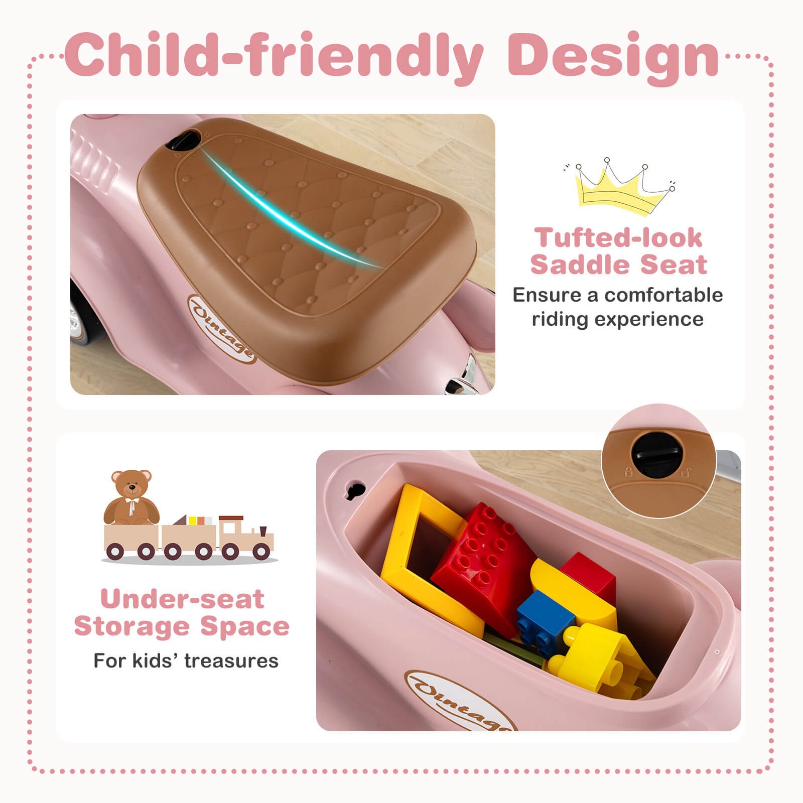 Retro Toddler Ride-on Toy 40° Limit Steering w/ Storage Space, DIY Stickers