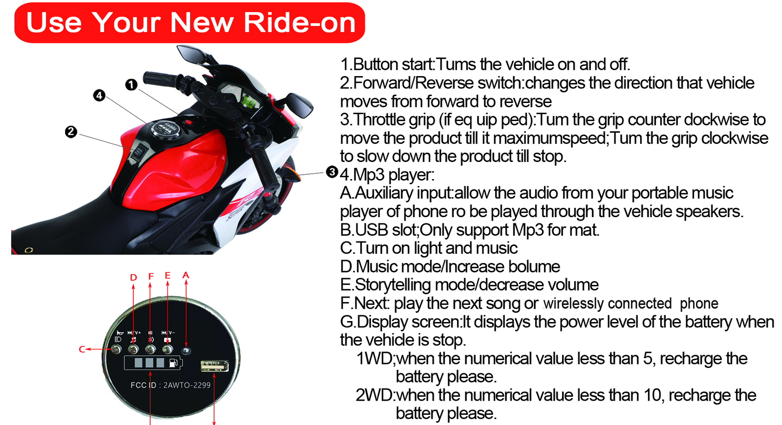 Kids Electric Ride on Motorcycle with Training Lighting Wheels Manual Throttle