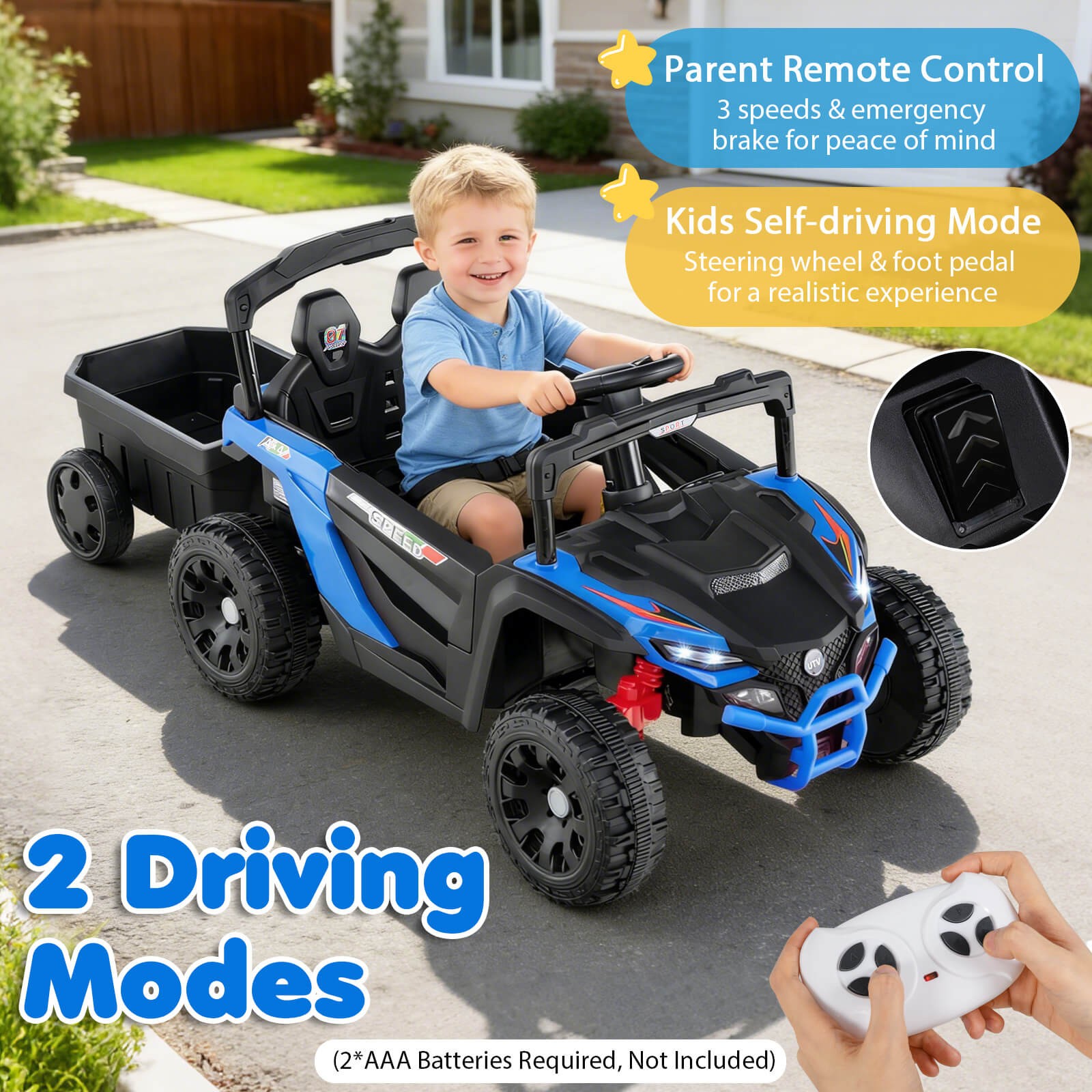 12V Kids Ride On UTV w/Detachable Trailer, Remote Control, 3 Speeds, LED Lights