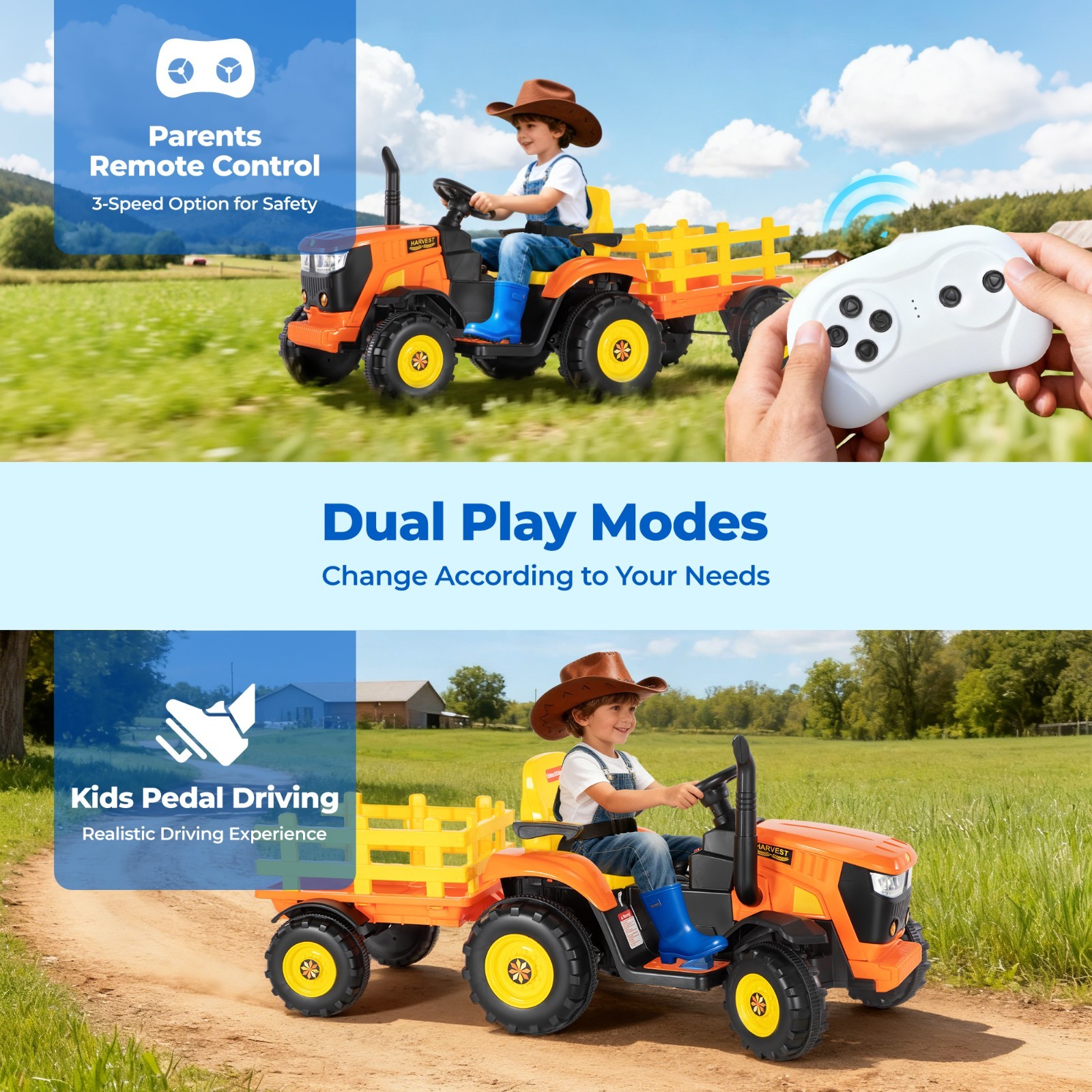 24V Electric Kids Ride On Tractor with Detachable Trailer 2x80W Motors EVA Tires