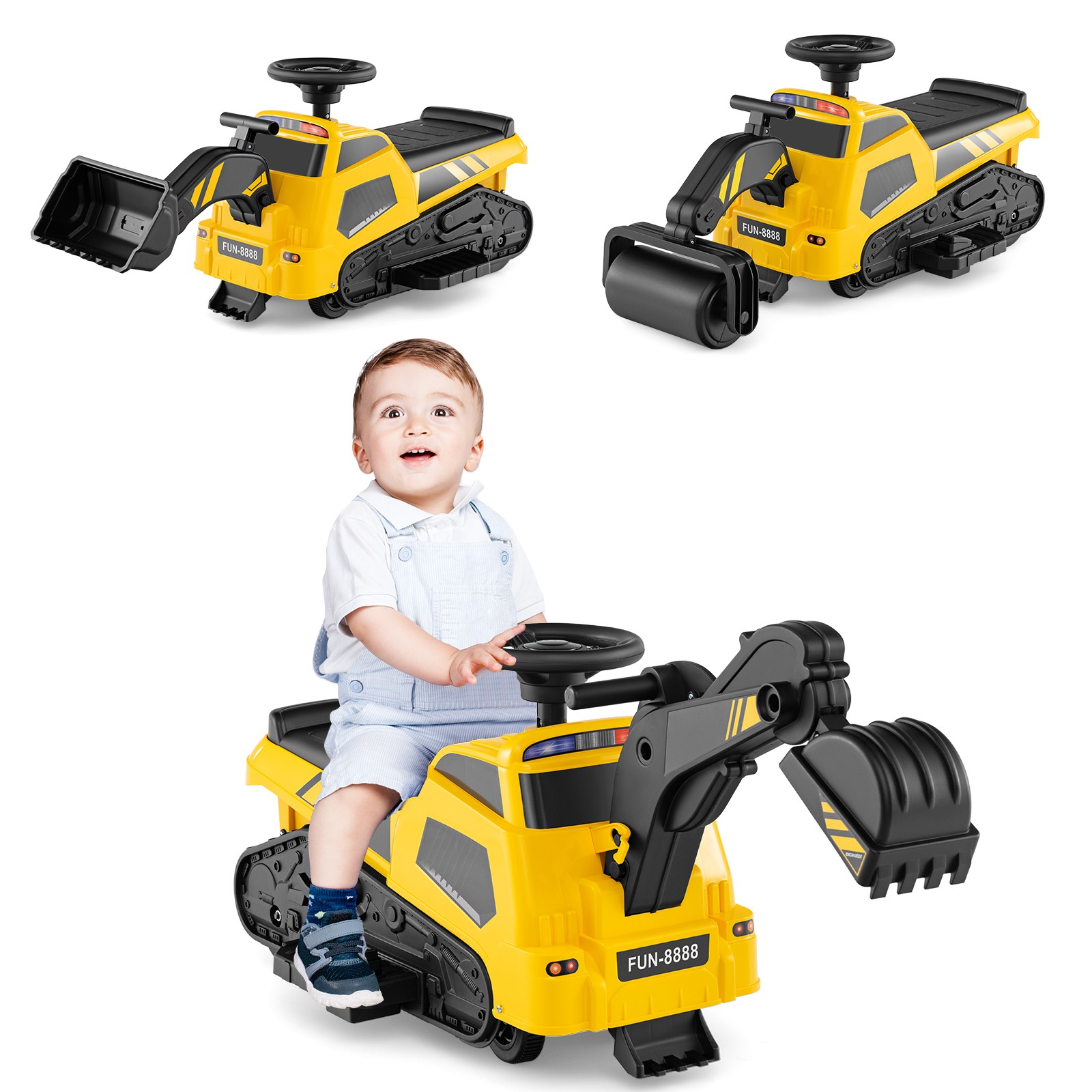 6V Ride on Tractor 3-in-1 Electric Excavator w/ Adjustable Arms Music Yellow Toy