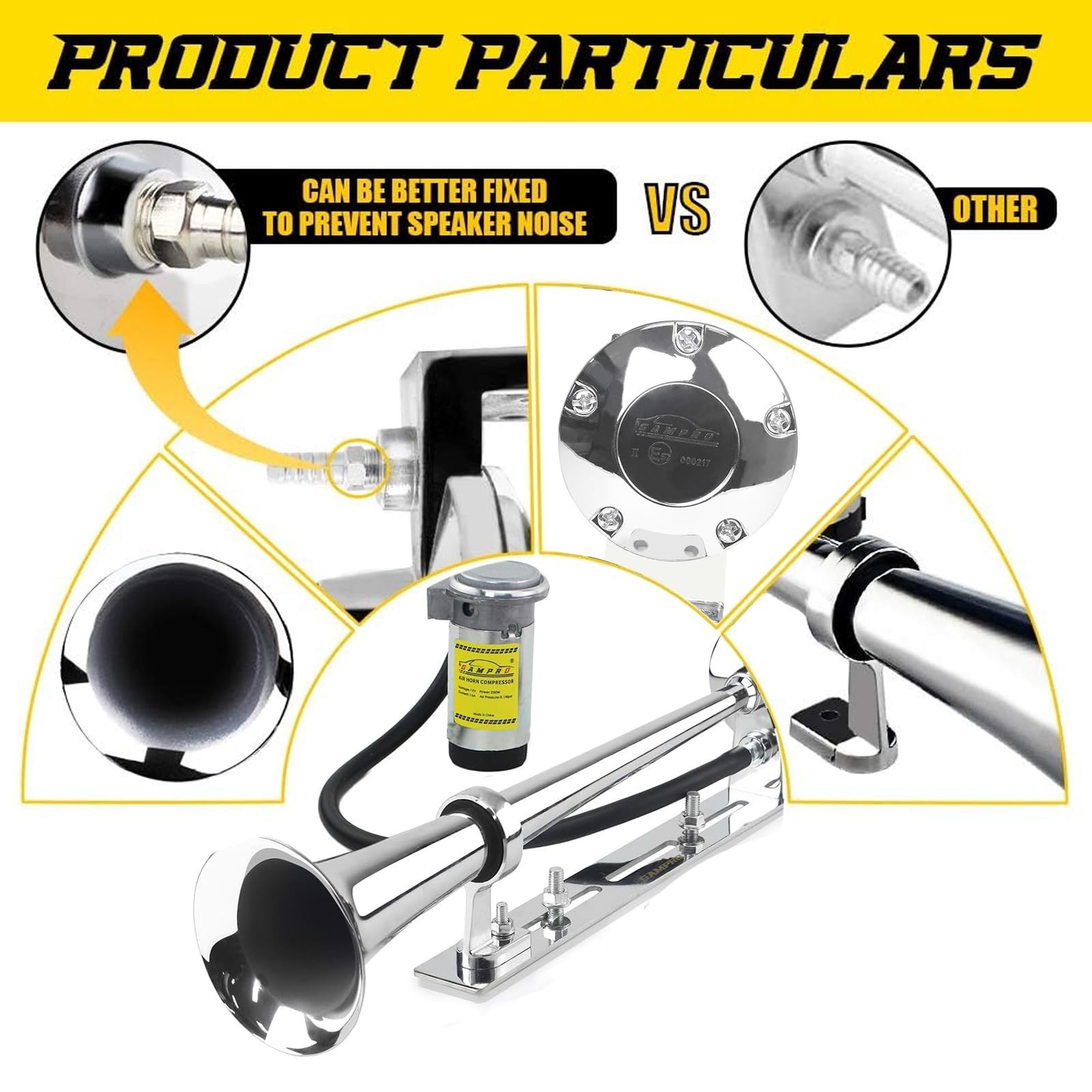 GAMPRO 12V 150DB Air Horn with Install Mounting Bracket Kit, 18 Inches Chrome…
