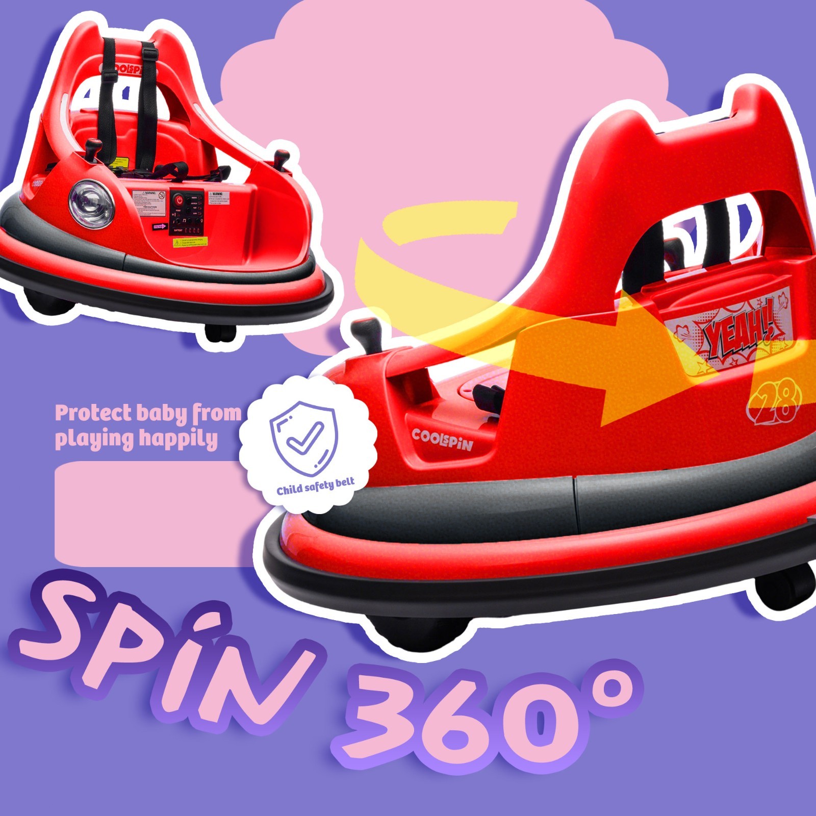 12V Kids Ride on Bumper Electric Car Toys w/Remote, LED, 360 Degree Spin,Red