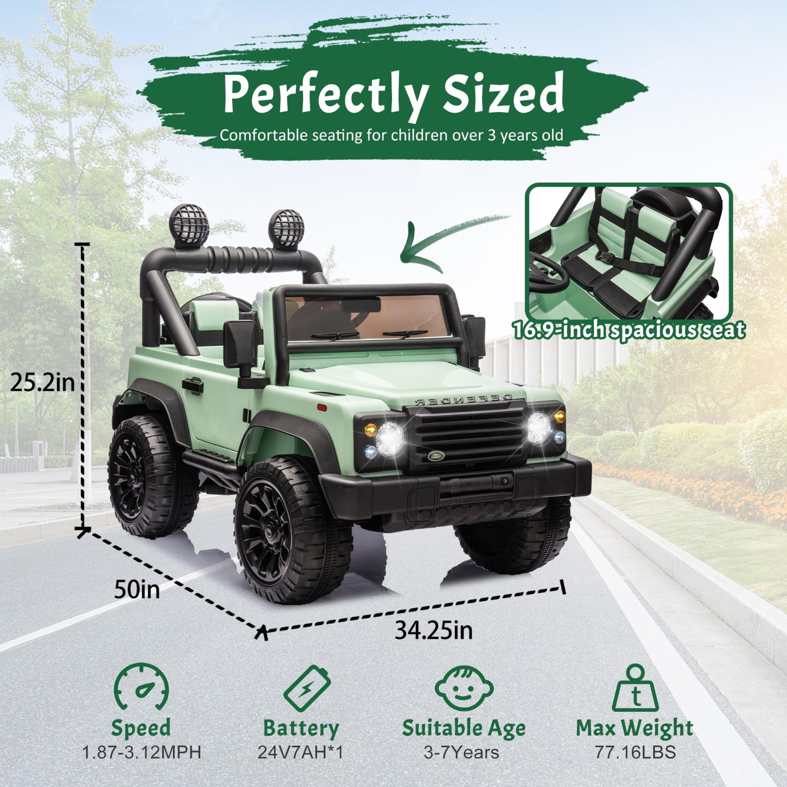 24V Kids Ride On Car Licensed Land Rover Defender w/Remote,ELectric Toys, Green