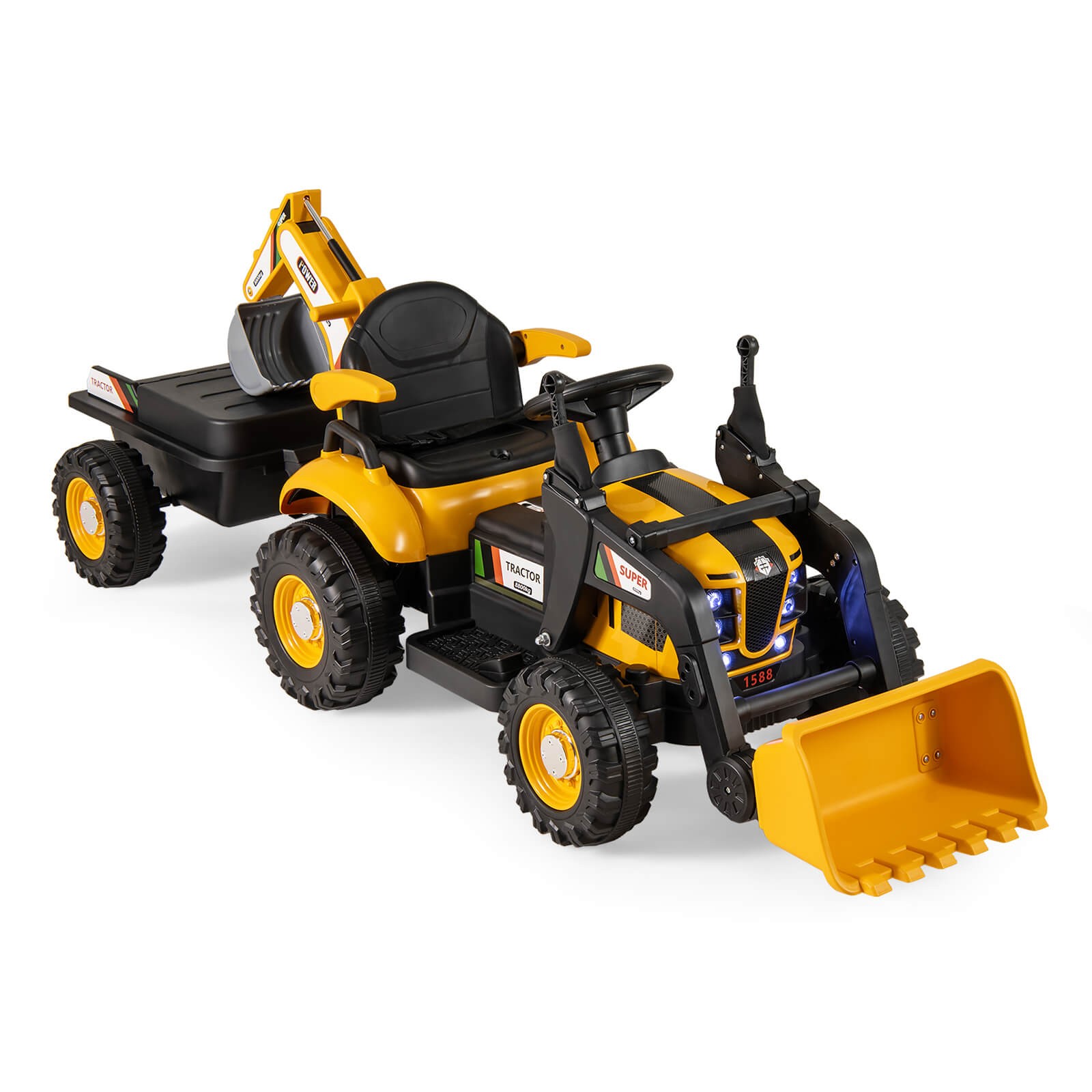4 in 1 Ride on Tractor, Excavator & Bulldozer for Kids, Trailer, Shovel Bucket