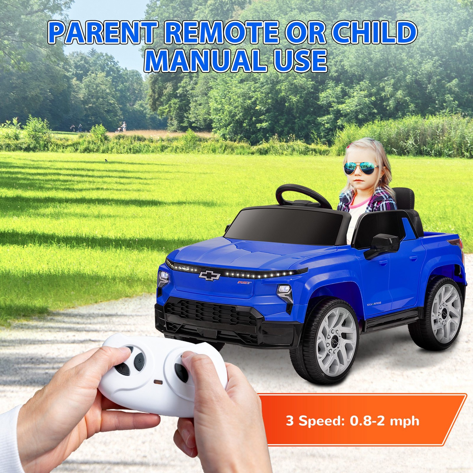 12V Chevrolet Silverado EV RST Licensed Kids Electric Car, Blue