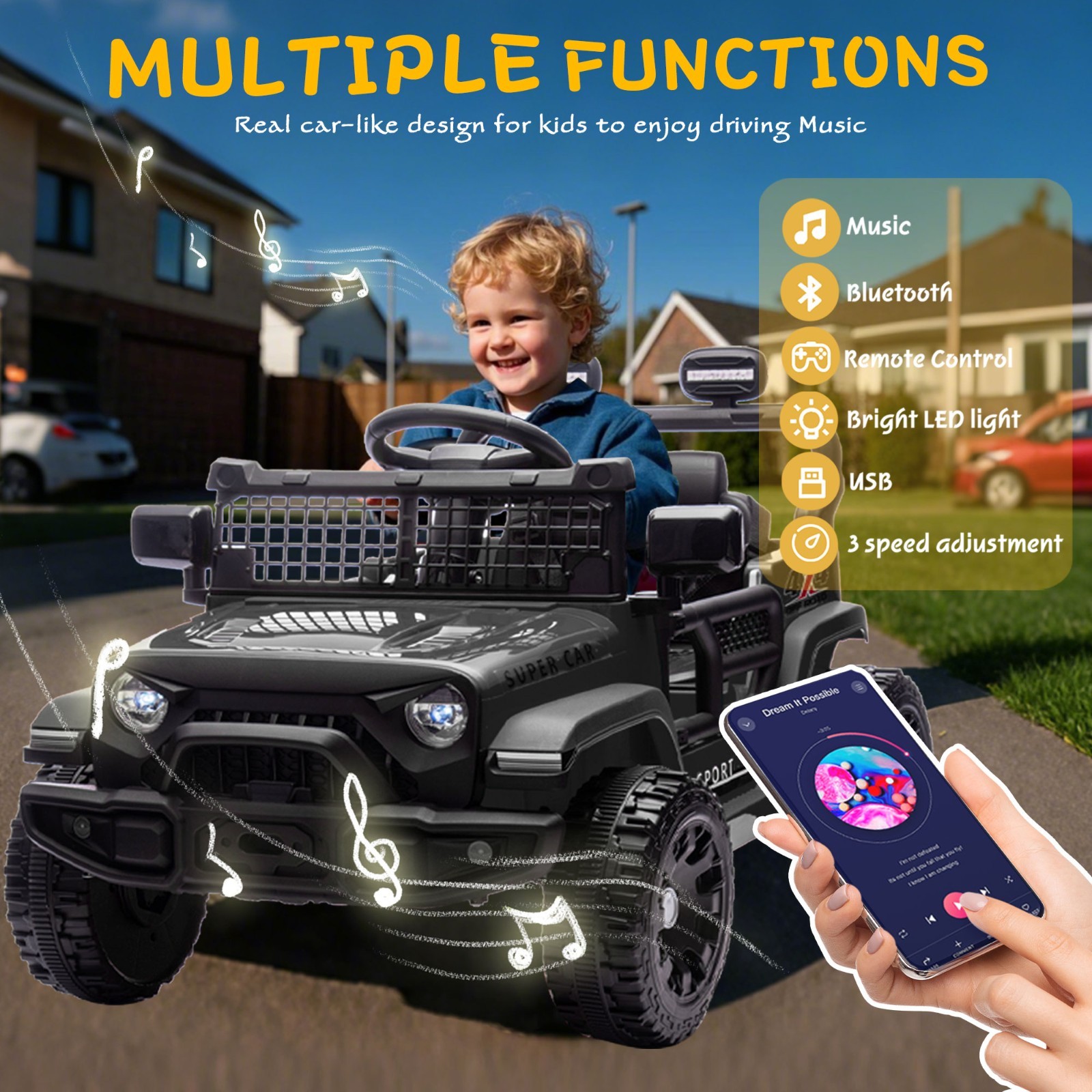 24V Kids Ride on Electric Car w/Remote, Power Wheels Toys for Boys & Girls,Black