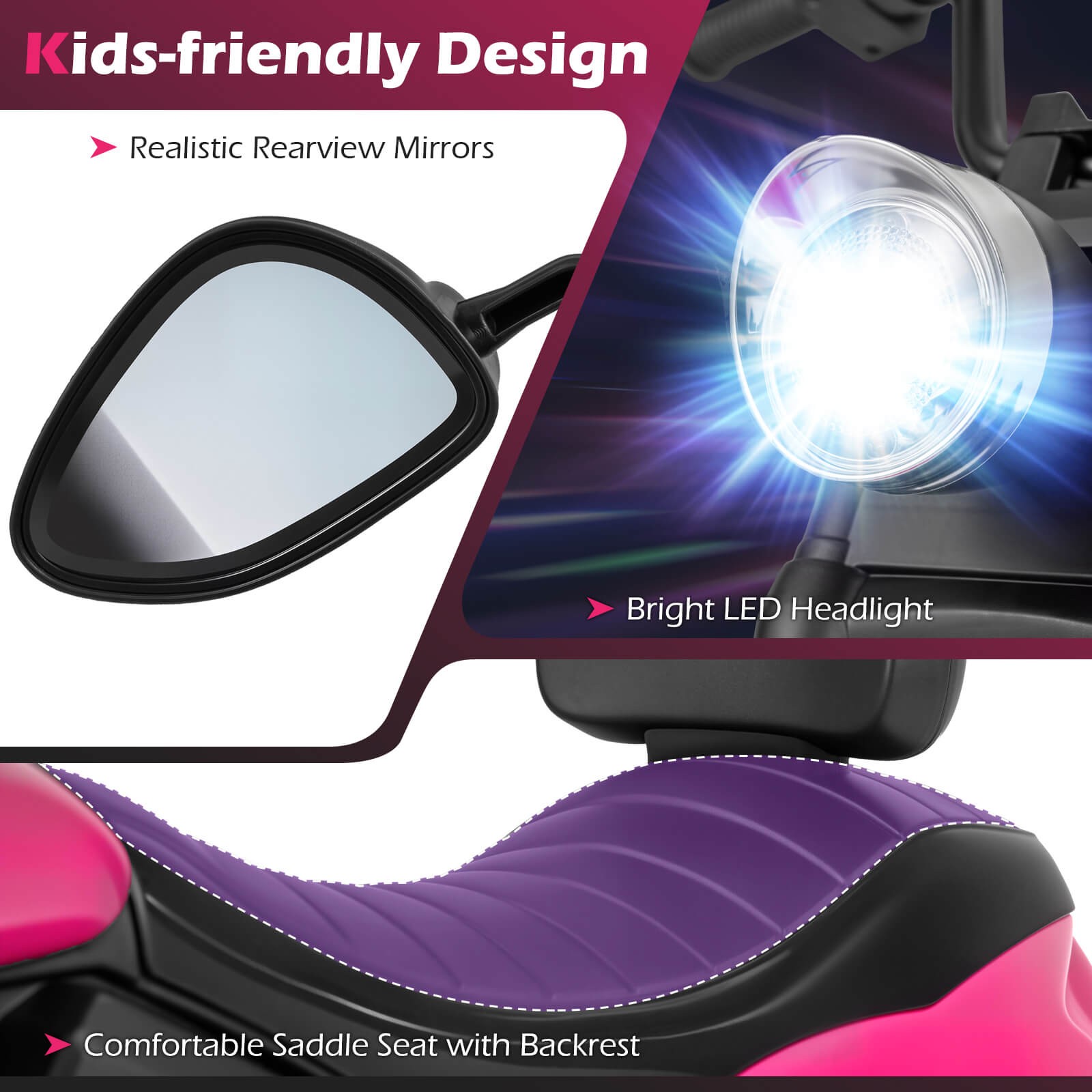 Kids Motorcycle w/Headlight, Music, Training Wheels, Foot Pedal for Boys Girls